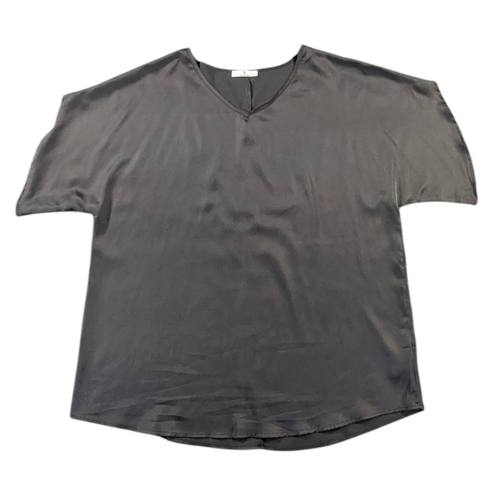 Black V-Neck Satin Short Sleeve Blouse Top‎ HT Medium Minimalist Silky Shirt